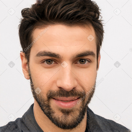 Joyful white young-adult male with short  black hair and brown eyes