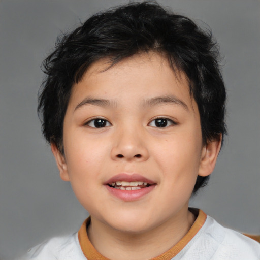 Joyful asian child female with short  brown hair and brown eyes