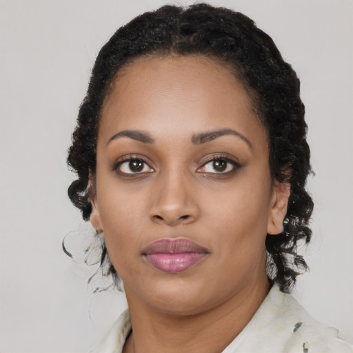 Neutral black young-adult female with long  black hair and brown eyes