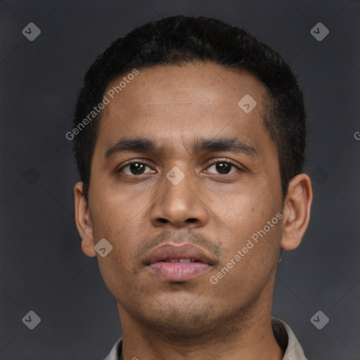Neutral latino young-adult male with short  black hair and brown eyes