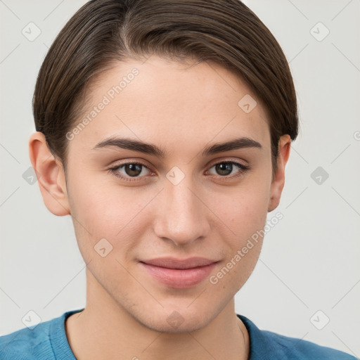 Joyful white young-adult female with short  brown hair and brown eyes