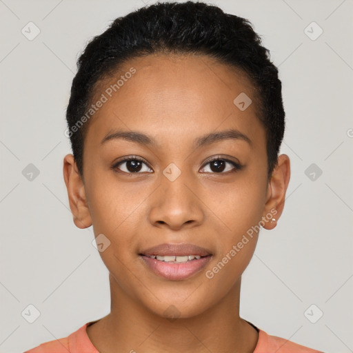 Joyful latino young-adult female with short  black hair and brown eyes