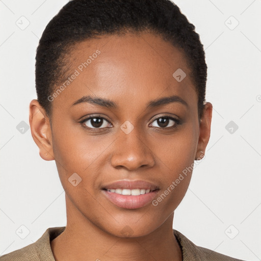 Joyful black young-adult female with short  brown hair and brown eyes