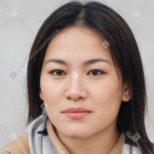 Neutral asian young-adult female with medium  brown hair and brown eyes