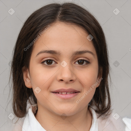 Joyful white child female with medium  brown hair and brown eyes