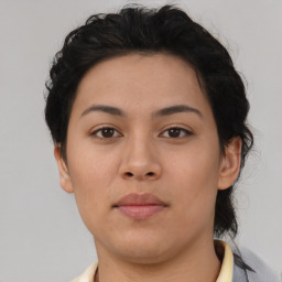 Neutral asian young-adult female with short  brown hair and brown eyes