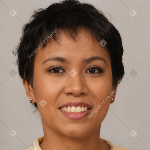 Joyful asian young-adult female with short  brown hair and brown eyes