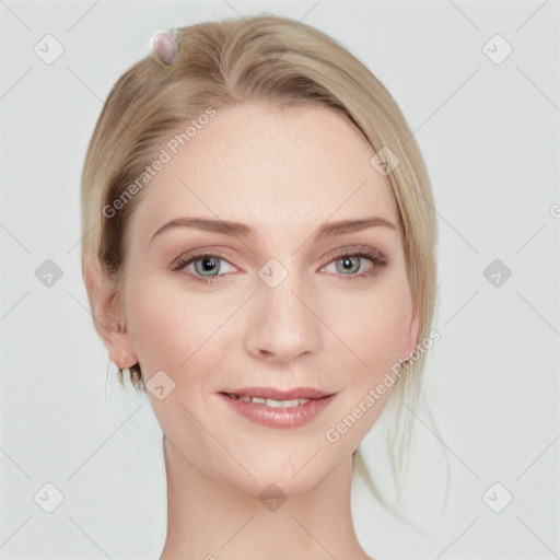 Joyful white young-adult female with medium  brown hair and blue eyes