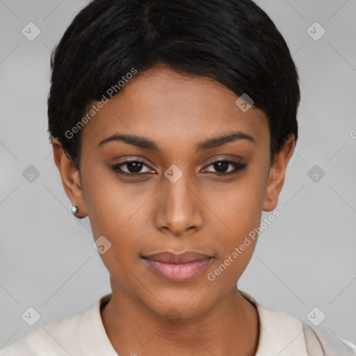 Neutral asian young-adult female with short  black hair and brown eyes