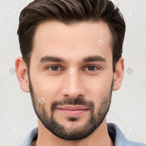 Joyful white young-adult male with short  brown hair and brown eyes