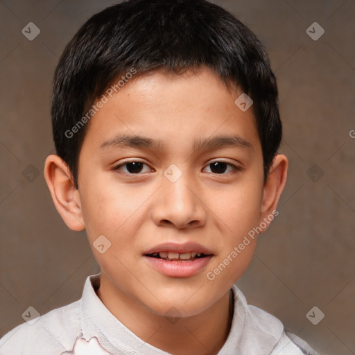 Joyful white child male with short  brown hair and brown eyes