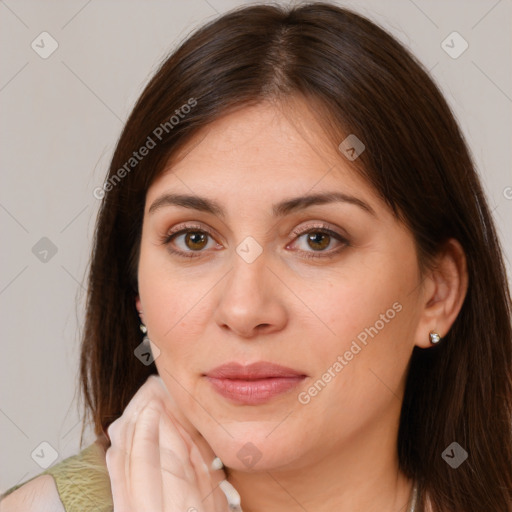 Joyful white young-adult female with medium  brown hair and brown eyes