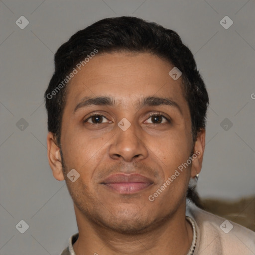 Neutral latino adult male with short  brown hair and brown eyes