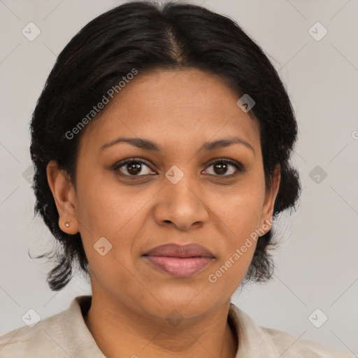 Joyful black adult female with medium  brown hair and brown eyes