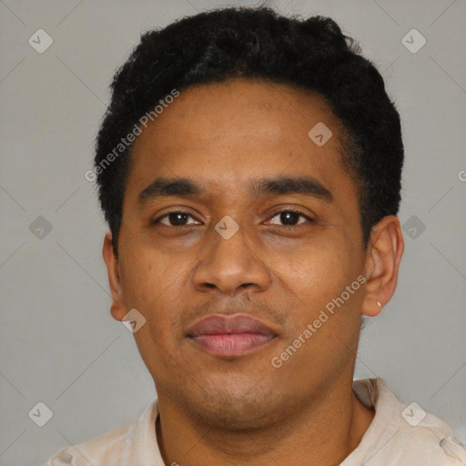 Neutral latino young-adult male with short  black hair and brown eyes