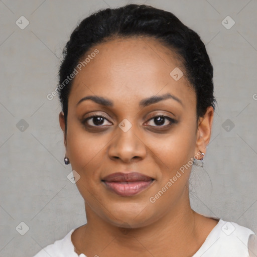 Joyful black young-adult female with short  black hair and brown eyes