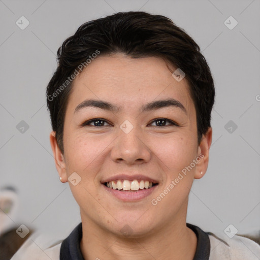 Joyful asian young-adult female with short  brown hair and brown eyes