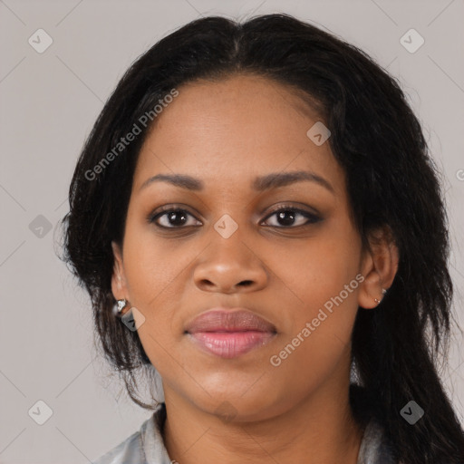 Joyful asian young-adult female with medium  black hair and brown eyes