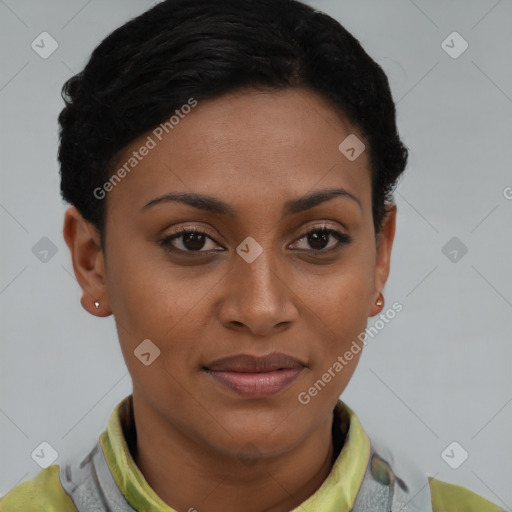 Joyful latino young-adult female with short  brown hair and brown eyes