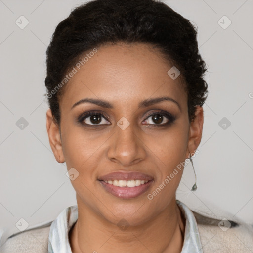 Joyful black young-adult female with short  brown hair and brown eyes