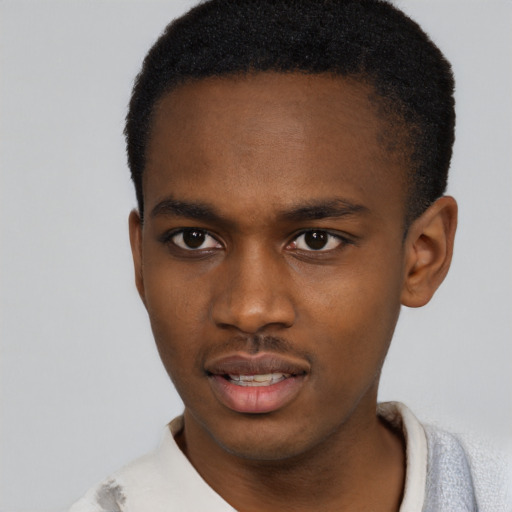 Neutral black young-adult male with short  black hair and brown eyes