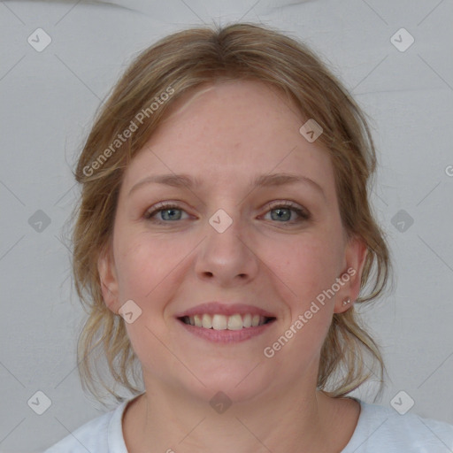 Joyful white young-adult female with medium  brown hair and blue eyes