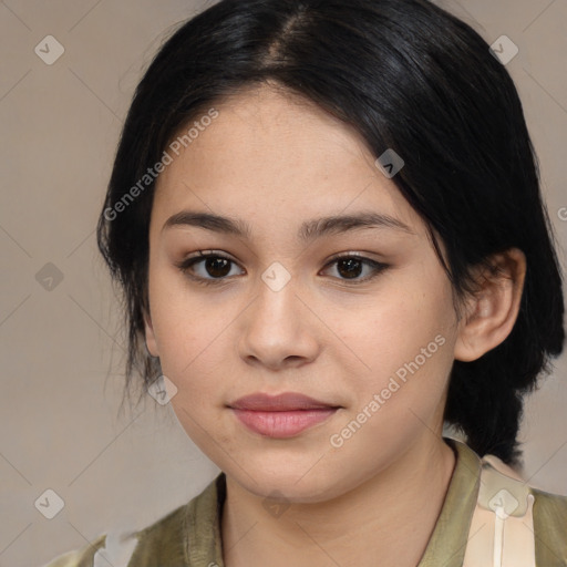 Joyful asian young-adult female with medium  black hair and brown eyes