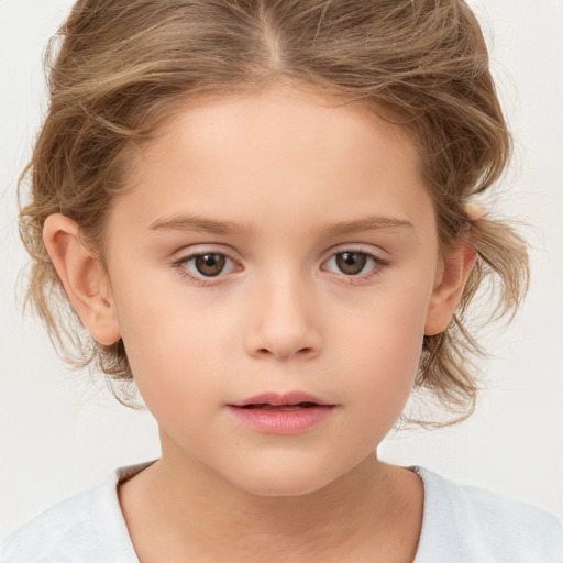 Neutral white child female with medium  brown hair and grey eyes