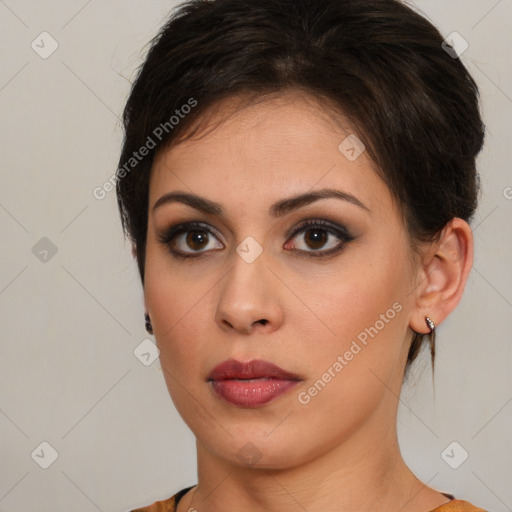 Neutral white young-adult female with medium  brown hair and brown eyes