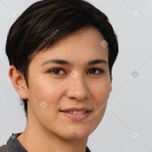 Joyful white young-adult female with short  brown hair and brown eyes