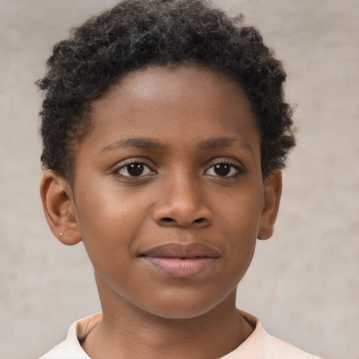 Joyful black child female with short  brown hair and brown eyes