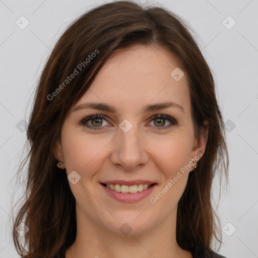 Joyful white young-adult female with long  brown hair and grey eyes