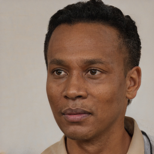 Neutral black adult male with short  black hair and brown eyes