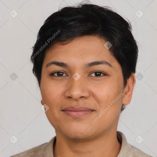 Joyful latino young-adult female with short  brown hair and brown eyes