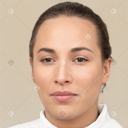 Neutral white young-adult female with short  brown hair and brown eyes