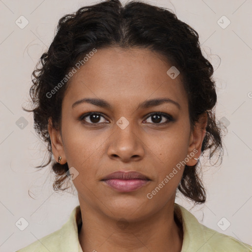 Neutral black young-adult female with medium  brown hair and brown eyes