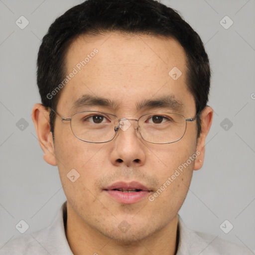 Neutral asian adult male with short  brown hair and brown eyes