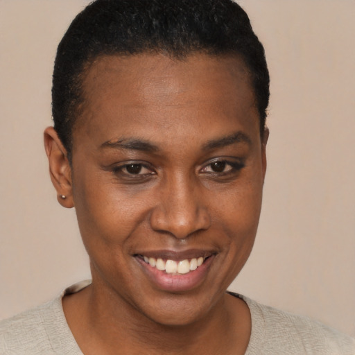 Joyful black young-adult female with short  brown hair and brown eyes