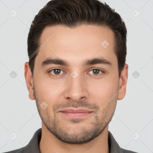 Joyful white young-adult male with short  brown hair and brown eyes