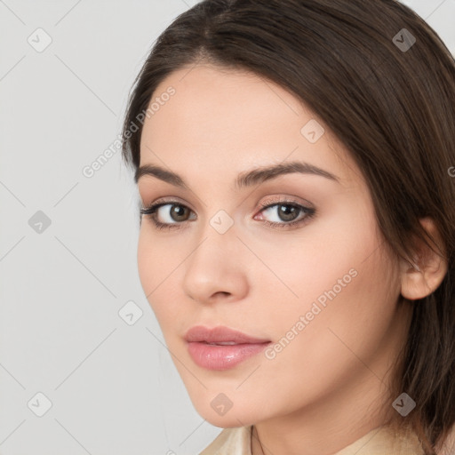 Neutral white young-adult female with medium  brown hair and brown eyes