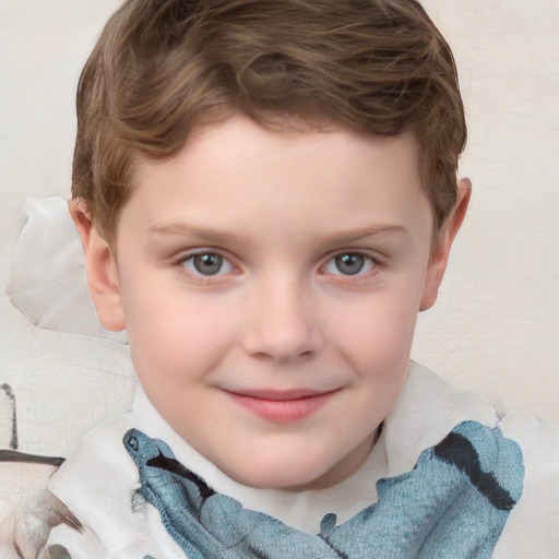 Joyful white child male with short  brown hair and blue eyes