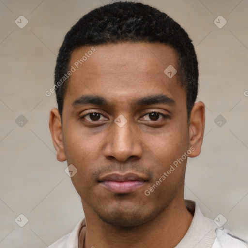 Neutral latino young-adult male with short  black hair and brown eyes