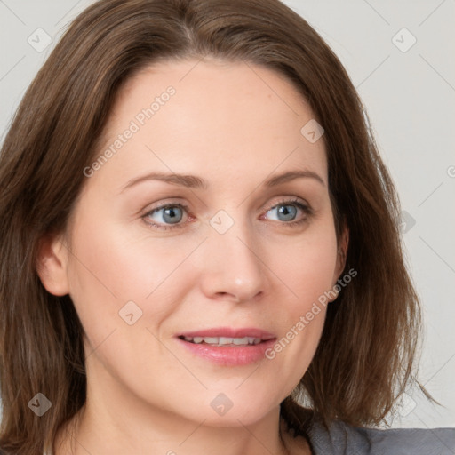 Joyful white young-adult female with medium  brown hair and blue eyes