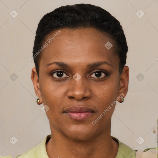 Joyful black young-adult female with short  black hair and brown eyes