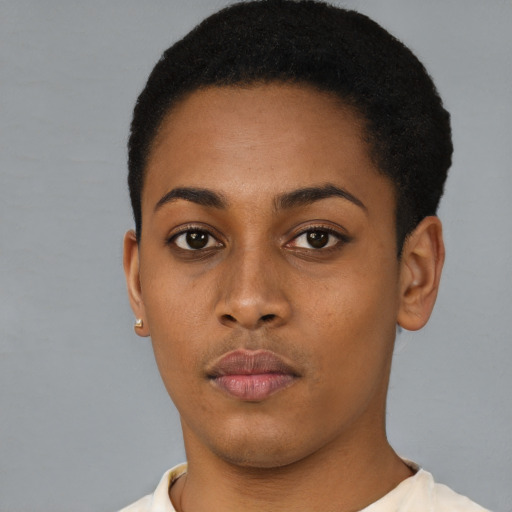 Neutral black young-adult female with short  black hair and brown eyes