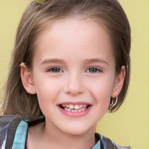 Joyful white child female with medium  brown hair and grey eyes