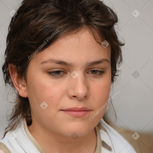 Neutral white young-adult female with medium  brown hair and brown eyes