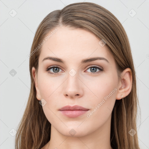 Neutral white young-adult female with long  brown hair and grey eyes