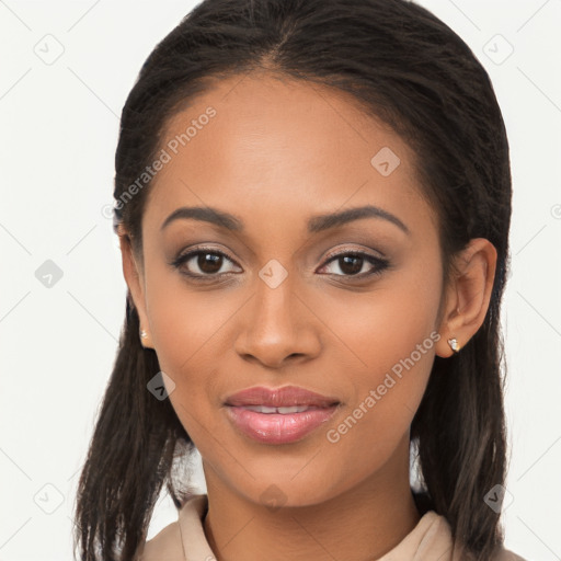 Joyful latino young-adult female with long  brown hair and brown eyes