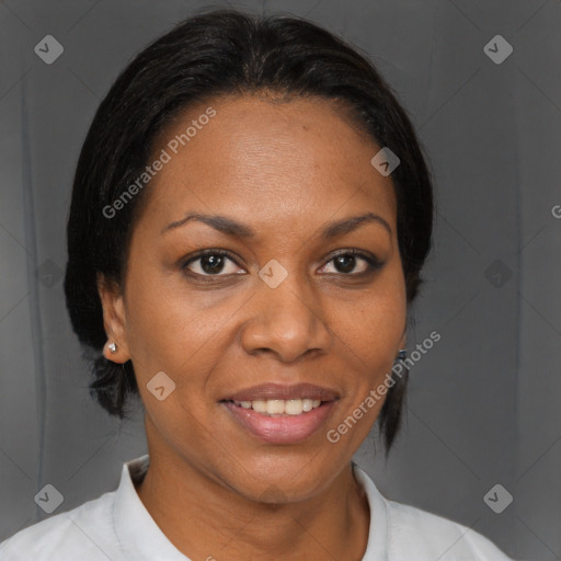 Joyful black adult female with medium  brown hair and brown eyes